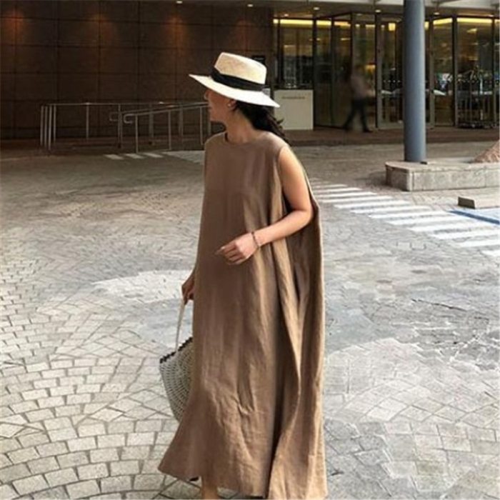 Round Neck Sleeveless Pullover Loose Floor Length Korea Styles Linen And Cotton Big Size Dress Girl'S Over Size 2A03601