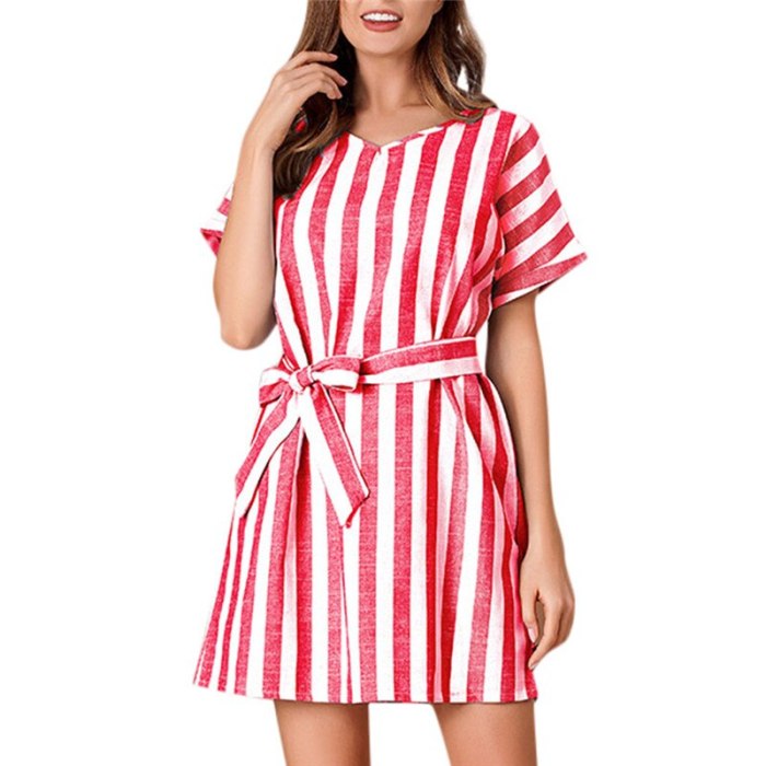 Women Summer Hot Casual Short Sleeve O-Neck Striped Print Mini Party Dress Harajuku Vintage Sundress