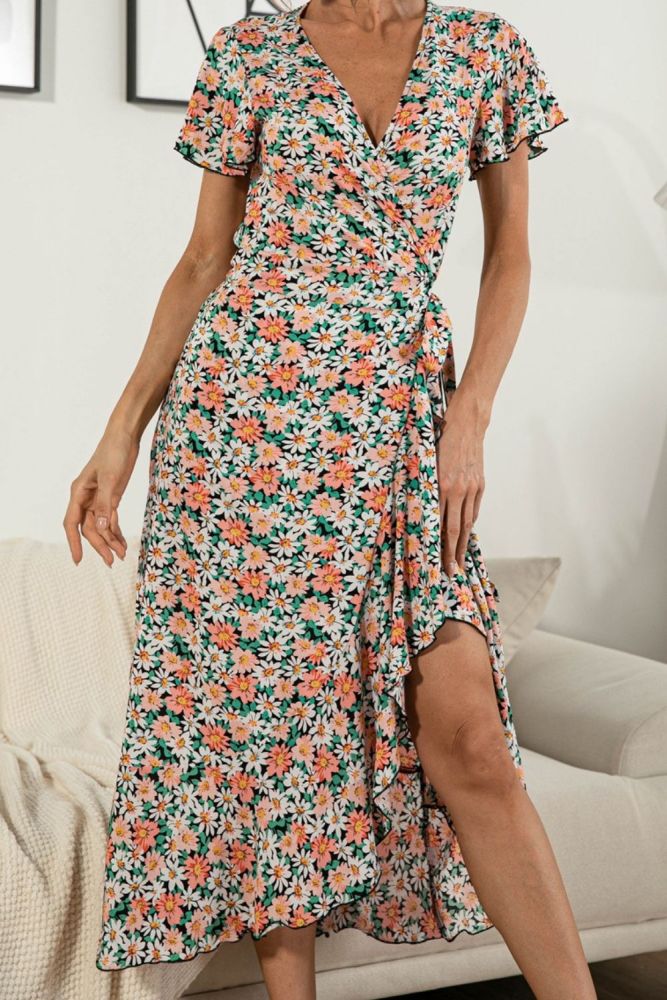 Elegant Daisy Flower Print Maxi Wrap Dress Robe Women Summer Casual Boho Beach Style Floral Dresses Slit Long Vestido Feminino