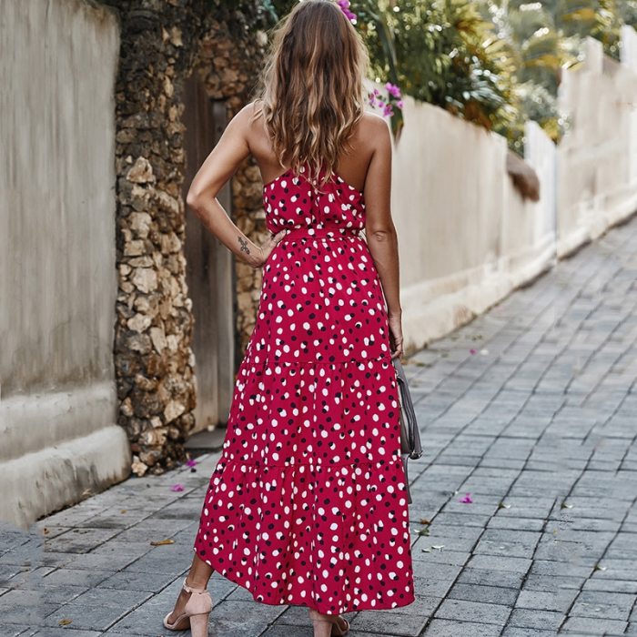 Summer Polka-Dot Dress Women Beach Dresses Bow Strapless Casual White Midi Sundress Red Vacation Long Dress