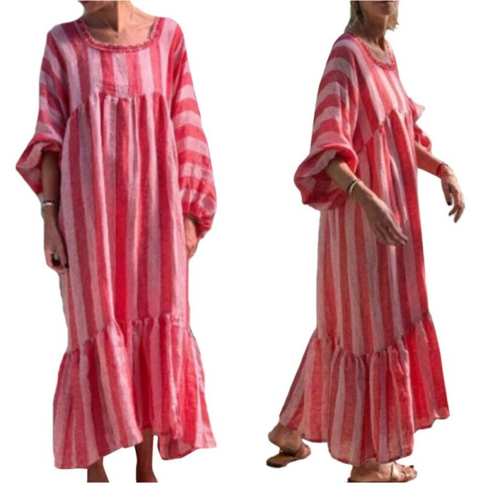 Womens Long Sleeve Long Maxi Dress Ladies Stripe Loose Casual Holiday Dresses