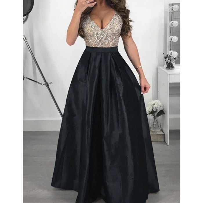 Elegant Sequin Formal Evening Party Dress Women A Line Long Occasion Dresses V Neck Sleeveless Lady Prom Gowns