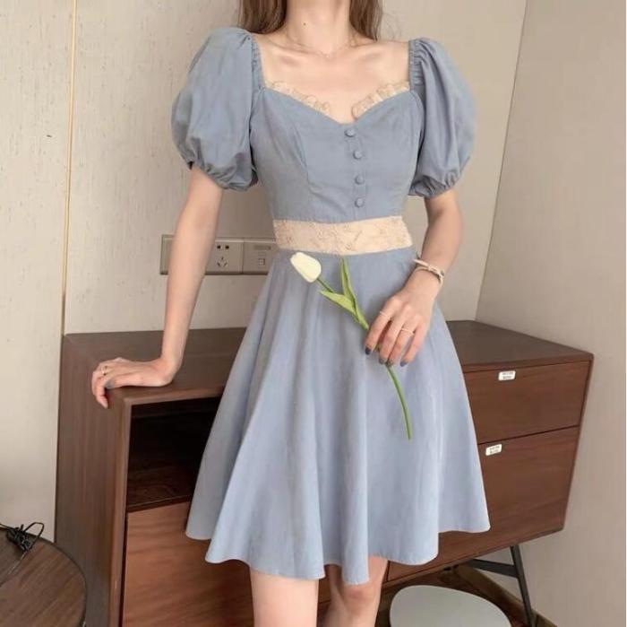 Short Sleeve Dresses Women Blue Original Design Lace Patchwork Empire Elegant Summer Classic Square Collar Temperament Vestidos