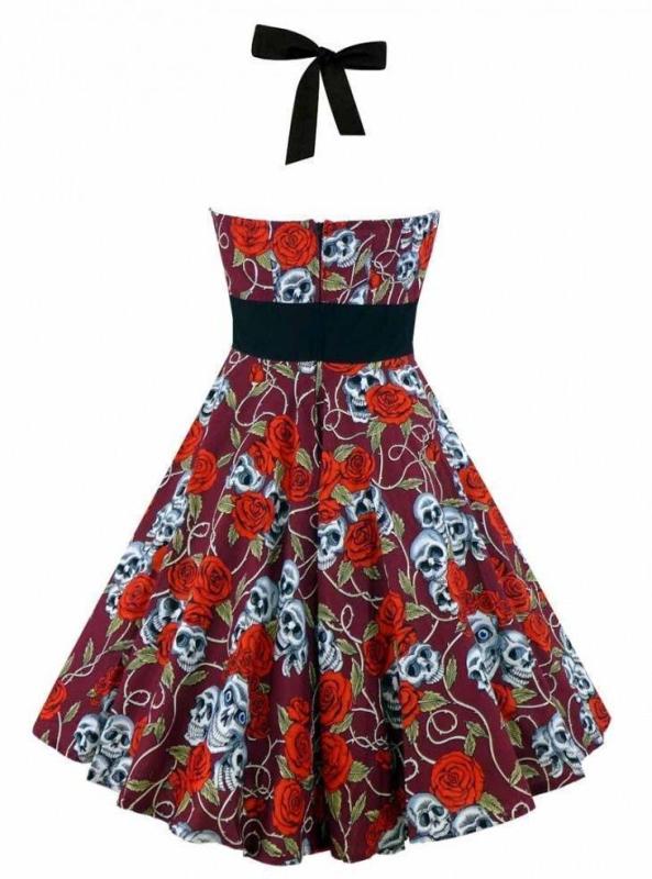 1950s Halter Skull Print Swing Dress