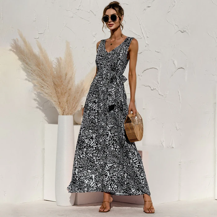 2021 Fashion Spaghetti Strap Maxi Dress Summer Women Floral Print V Neck Sexy Sleeveless Backless Long Dresses Elegant Vestidos