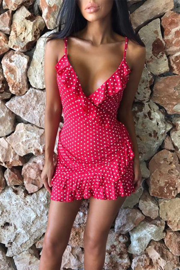 Sexy V Neck Polka Dot Vacation Mini Dress