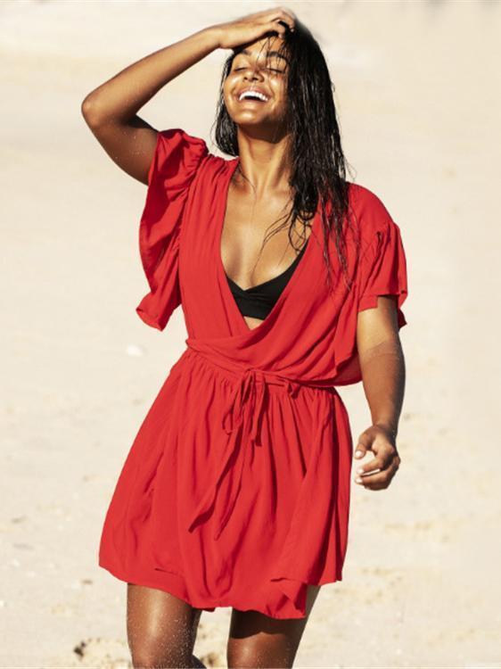 Deep V-neck Strap Solid Ruffled Cover-up Swimwear