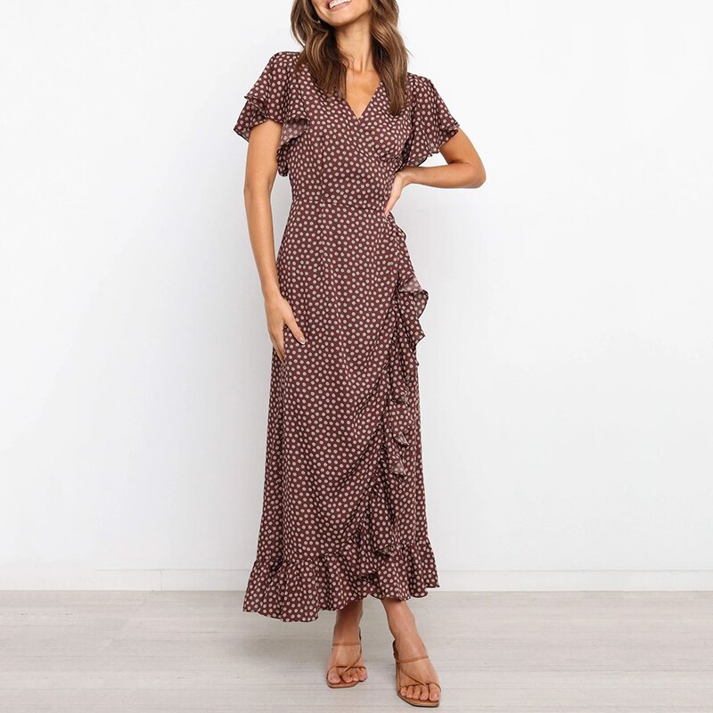 Elegant Ruffled V Neck Summer Maxi Dress Split Polka Dot Vintage Boho Sashes Ladies Vestido Party Dress