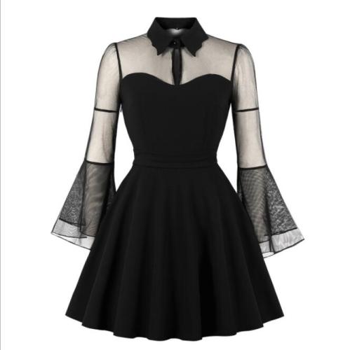 Plus Size Women Gothic Sexy Mini Dress Autumn Black Mesh Patchwork See-Through Flare Sleeve Draped Elegant Party Dress