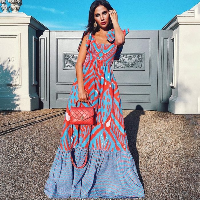 Plus Size Summer Dress Women 2021 Sleeveless Color Matching Long Maxi Dress Vintage Print Casual Loose Big Swing Bow Beach Dress
