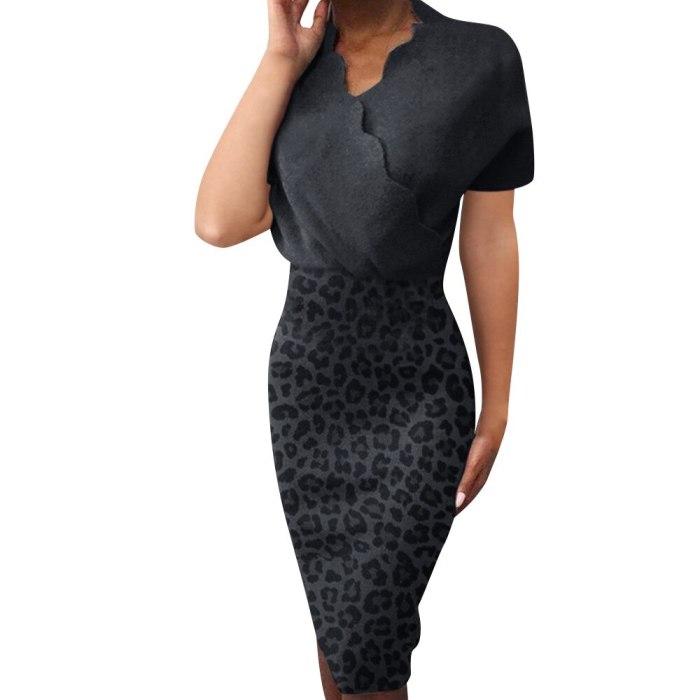 2021 Elegant Women Summer Midi Dress Wave Decor V Neck Short Sleeve High Waist Leopard Print Slim Hips Pullovers OL Dress