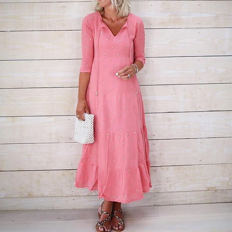 Gentle Pink Print Half Sleeve Ankle-Length Dress