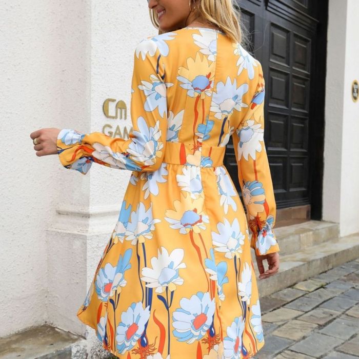 2022 Spring and Autumn Vintage Floral Print Dress European and American Sexy V-neck Sunflower Long-sleeved Temperament Slim Dress