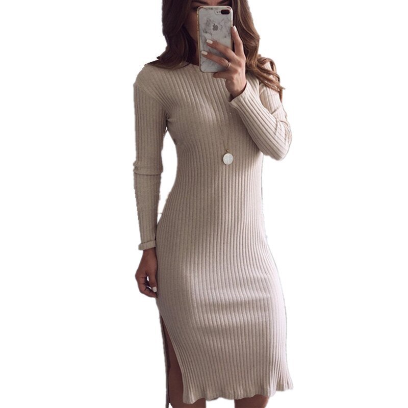 2021 Fashion Solid Kintted Sexy Knee-Length Dress Casual Long Sleeve O Neck Side Split Women's Autumn Winter Slim Dress vestidos