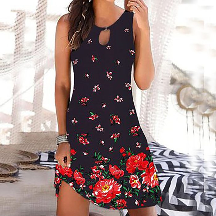 Fashion Women Vintage Dress Sexy O-neck Sleeveless Printed Round Dresses Floral Black Summer Dress Daily Wear Robe Femme New