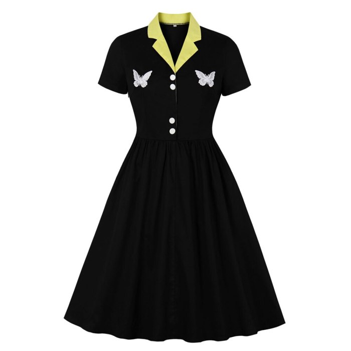 2021 New Short Sleeve 50s 60s Swing Retro Vintage Dress Elegant Women Ladies Butterfly Embroidery Black Dress