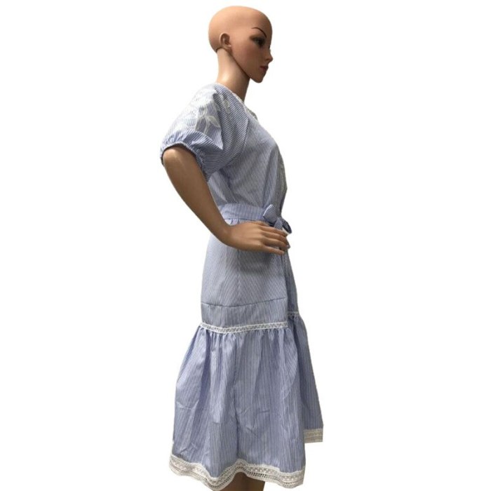 Women Fashion Stripe Puff Sleeve Dress Sweet Bandage Waist V- Neck Single Breasted Holiday Casual Blue Vestido S-XXL