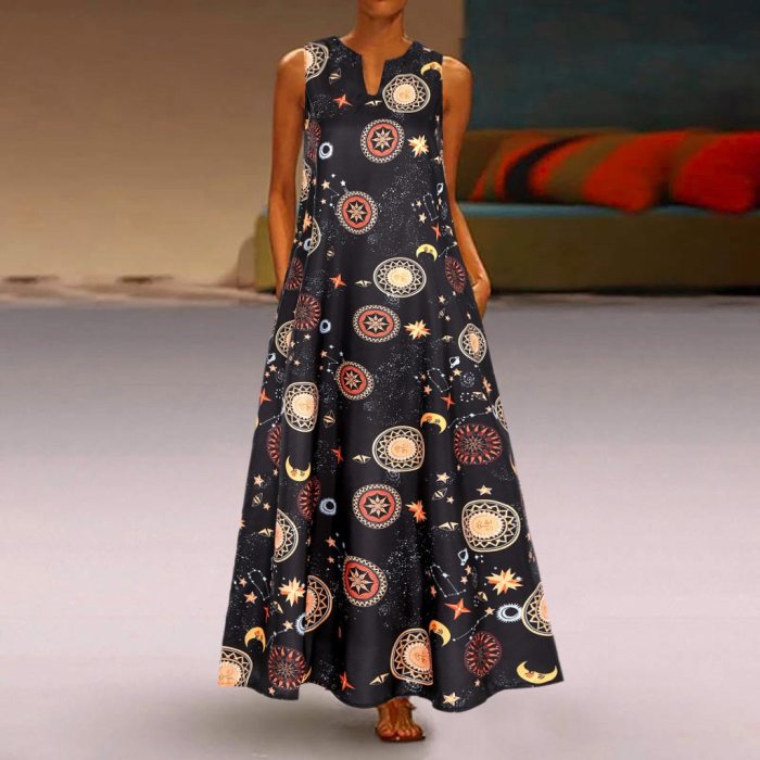 Women Summer Dress Plus Size Sun Stars Moon Print Sleeveless Vintage Bohemian V Neck Maxi Dress