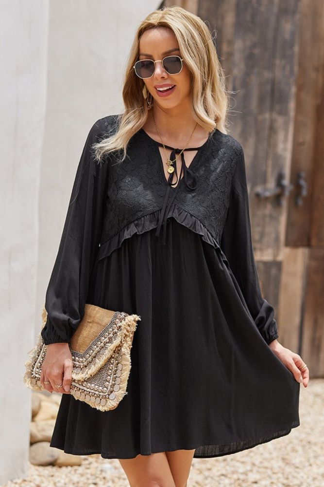 Autumn 2021 Lace Patchwork Elegant Dress Vintage Solid Loose Waist Ladies Frocks for Women Casual Knee-length Long Sleeve Dress