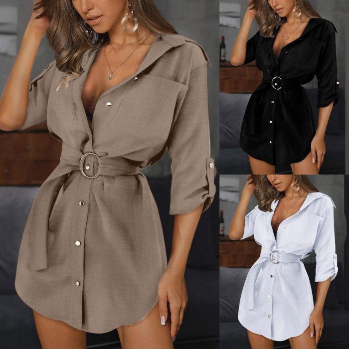 Button Mini Dress Elegant Women Dresses Women Autum Long Sleeve Mini Dress Ol Belt Casual Work Plain Shirt Pocket Dress