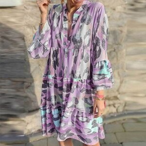 Women Casual Loose Home Print Flare Sleeve Shirt Dress 2021 Fall Women Fashion Sexy V-neck Beach Dress