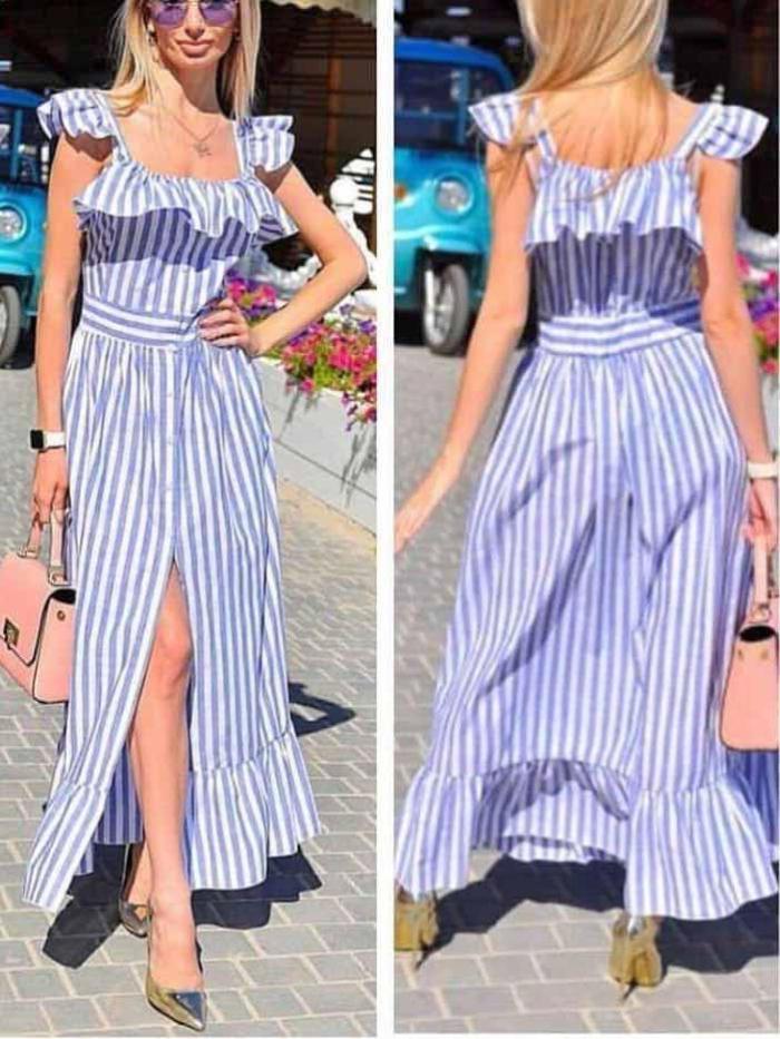 Lovely Off Shoulder Stripe Slit Maxi Dress