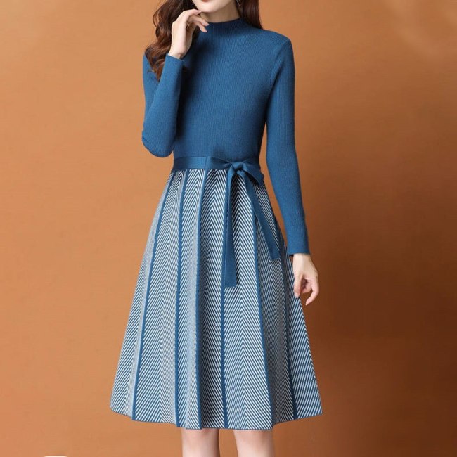 Elegant Knitted Sweater pleated Dress Female Autumn Winter Dress Long Sleeve Sweater Women Dress Office Lady Casual Midi Dress