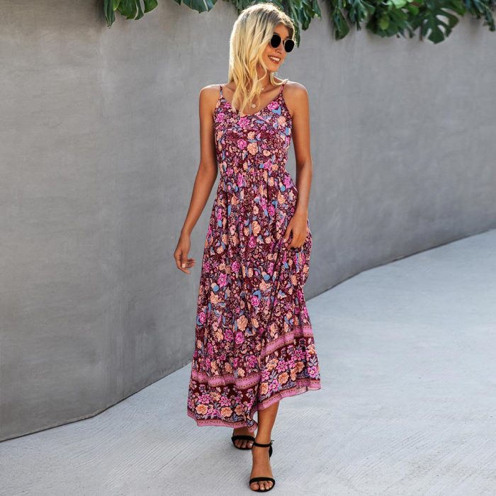 2021 New Casual Long Print Women Dress Summer Sexy V-neck Holiday Style Elegant High Waist Ladies Beach Dress Vestidos