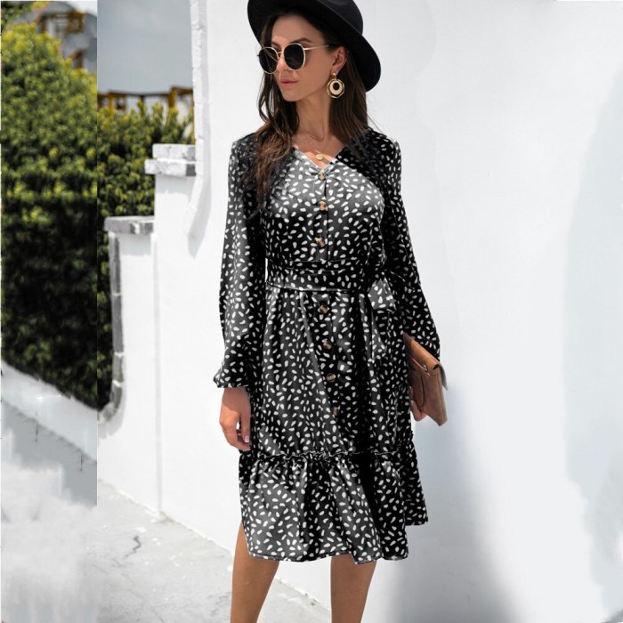 Ladies Ruffle Stitching Knee-Length Dresses For Women 2021 Spring And Autumn Button V-Neck Long-Sleeved Polka-Dot Dress Femme