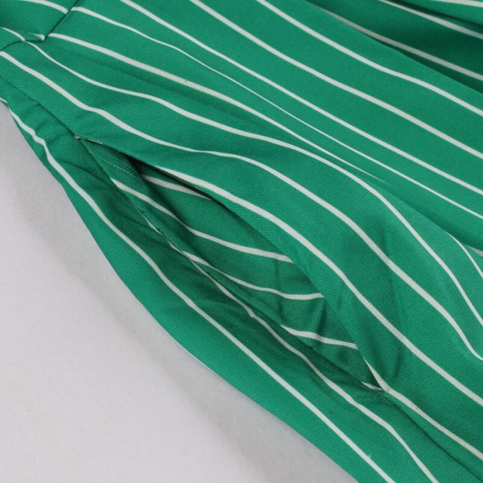 Tonval V Neck Button Up Striped Vintage Clothes Women Short Sleeve Green Elegant Pocket Side A Line Shirt Dress