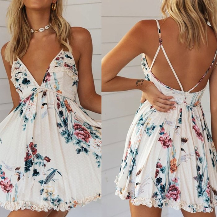 Sexy Backless Mini Dress Women Floral Dress Spaghetti Strap Deep V-neck Dress for Ladies High Waist A-line Beach Dresses