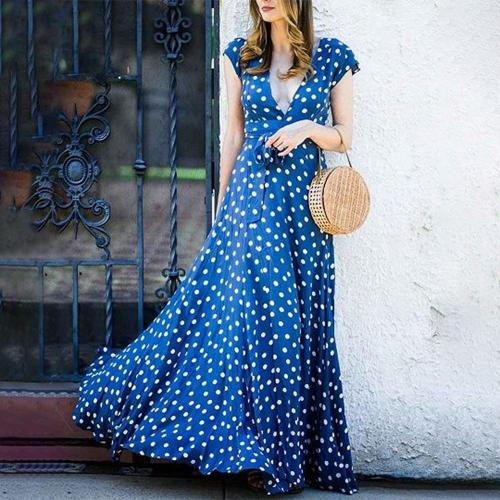 Flowing V-Neck Polka Dot Short Sleeve Maxi Dress