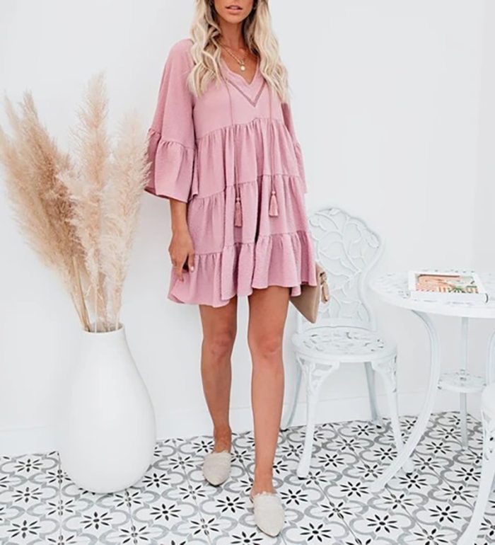 Women Loose Casual Dress New Style Lace-up Ruffles Solid Three Quarter Flare Sleeve Girls Dresses WL96