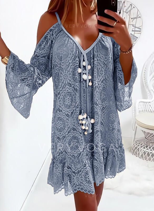 Summer Lace Dress For Women Casual Off Shoulder Dress Hollow Out Flower Tassel Long Flare Sleeve Dress Lady Vestidos Verano