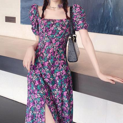 Women Retro Freach Puff Sleeve Square Collar Dress 2021 New Summer Short Sleeve Floarl Printed A-Line Dress Female Maxi Vestidos