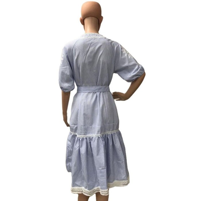 Women Fashion Stripe Puff Sleeve Dress Sweet Bandage Waist V- Neck Single Breasted Holiday Casual Blue Vestido S-XXL