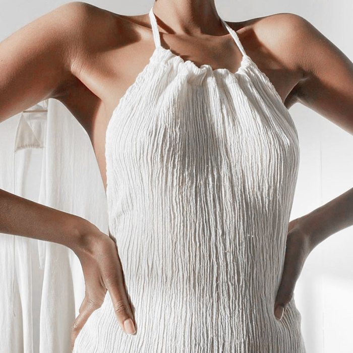 Solid Halter Sleeveless Ruffle Split Long Dress Female Sexy Backless Stylish Party Dresses For 2021 Summer White Lady Vestidos