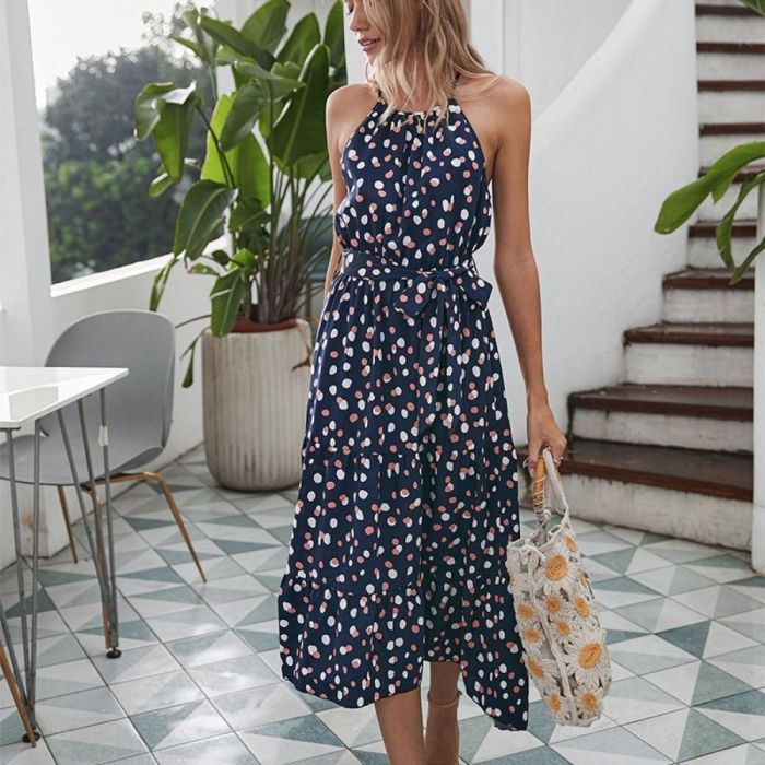 Long Dot Vacation Style Print Dress Women Lace Up High Waist Big Swing Dress New 2022 Fashion Summer Sleeveless Dress