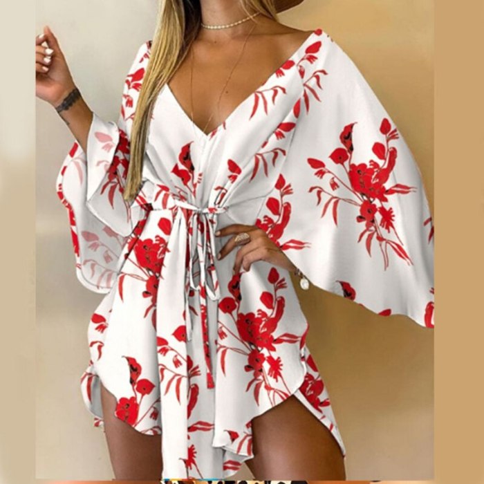 Fashion Leaf Leopard Printed Harajuku Dress Elegant Batwing Sleeve Lace-Up Party Dress Summer V-Neck Irregular Women Mini Dress