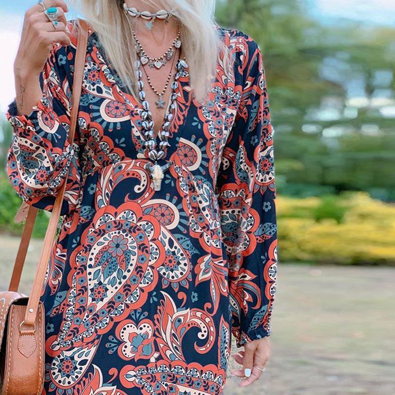 Fashion Casual V Neck Print Maxi Dress