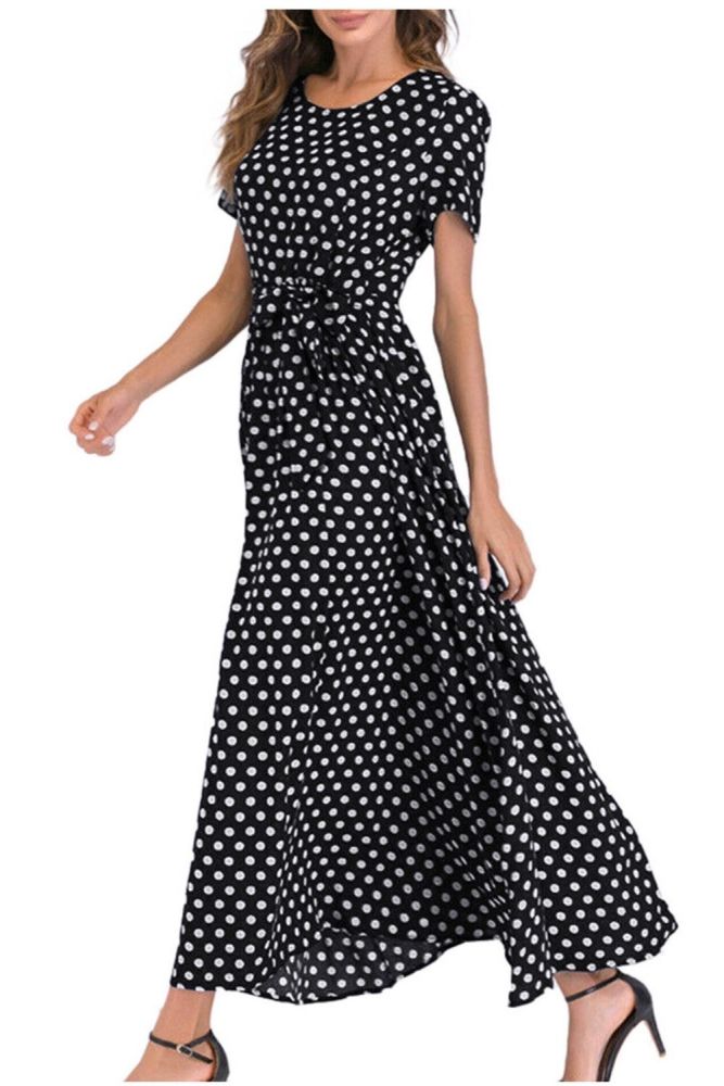 Fashion Women Dress O-neck Short Sleeve Beach Polka Dot Bandage Long Maxi Dress