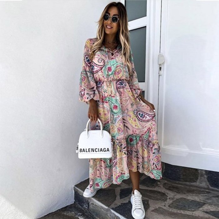 Summer Floral Print O Neck Boho Long Dress Women Autumn Lantern Long Sleeve Elegant Party Dress Sexy Loose Hem Beach Dresses 3XL