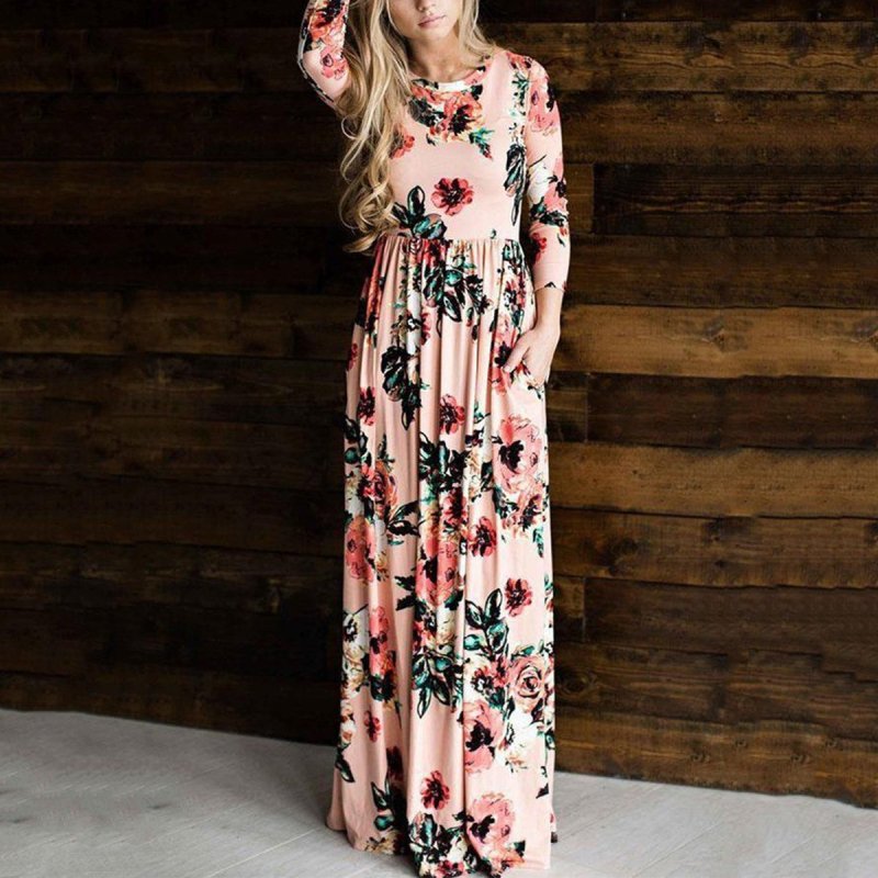 Round Neck Floral Long Sleeve Maxi Dresses