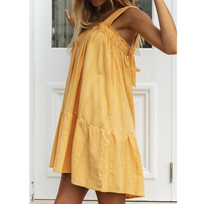 Sexy Spaghetti Strap Solid Color Loose Woman Dress Backless Lace Up Vintage Oversize Mini Dress Sweet Ladies Party Dress