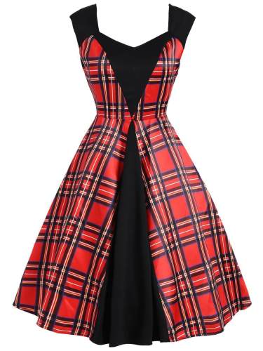 Red 1950s Plaid Patchwork Dress