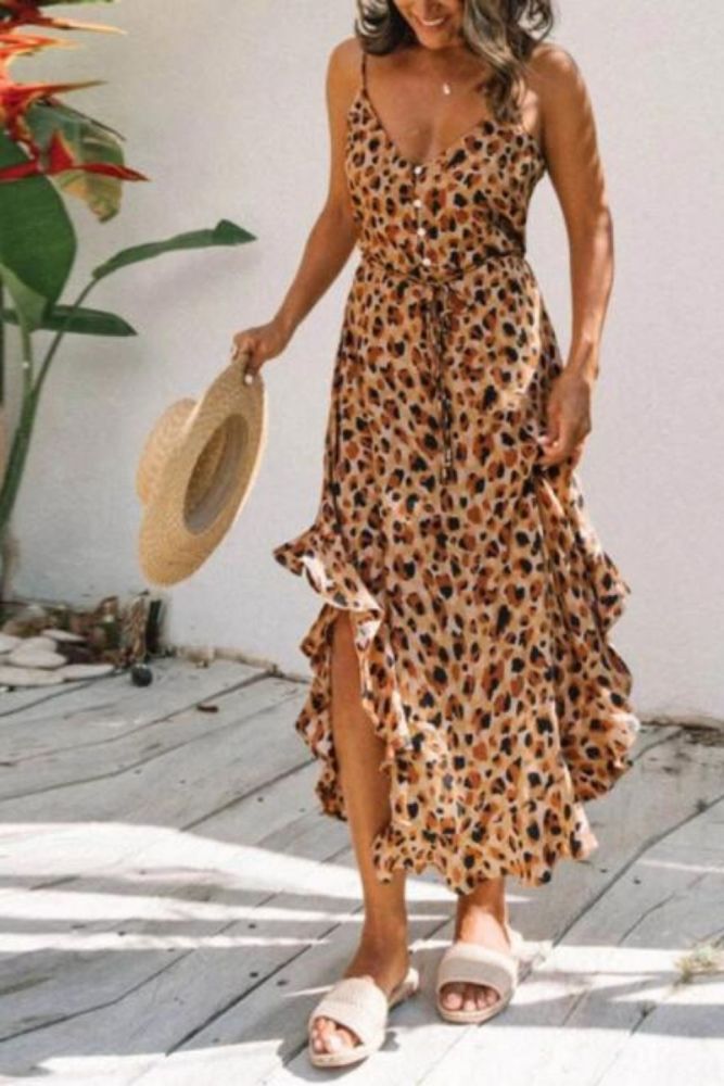 Summer Beach Ruffles Wrap Casual V-neck Floral Print Boho Long Maxi Dress  Dress