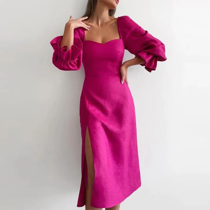 Autumn Elegant Bubble Sleeve Club Dress Fashion Square Collar Slit Slim Long Dress Spring Office Lady Solid Party Dress Vestidos