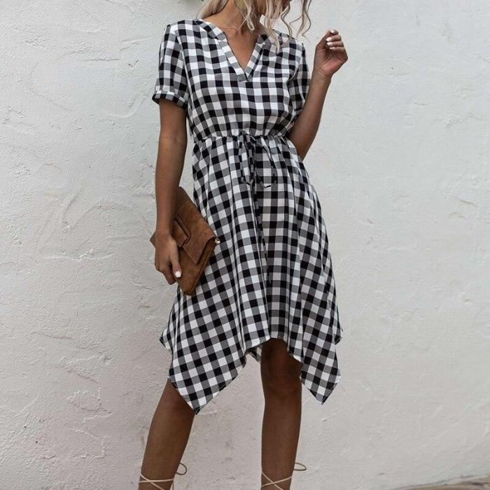 Women Casual Retro Dress Sexy Short Sleeve Plaid Dress Women Irregular V-Neck Dress