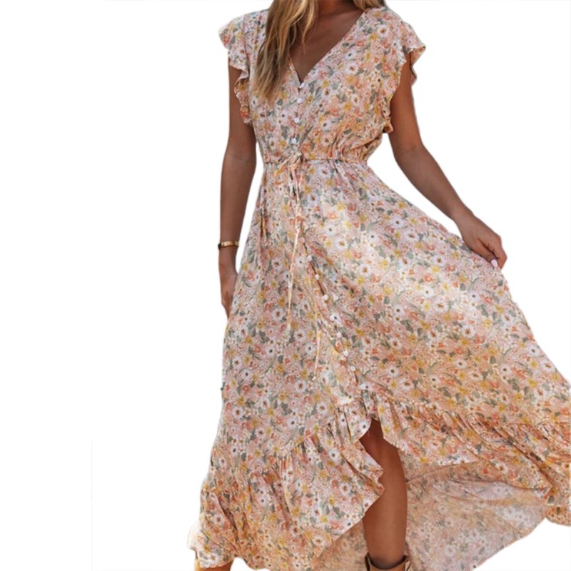 Floral Print Long Dress Boho Summer Vestidos Buttons Sashes Ladies Gypsy Maxi Dresses Casual Female Spring New