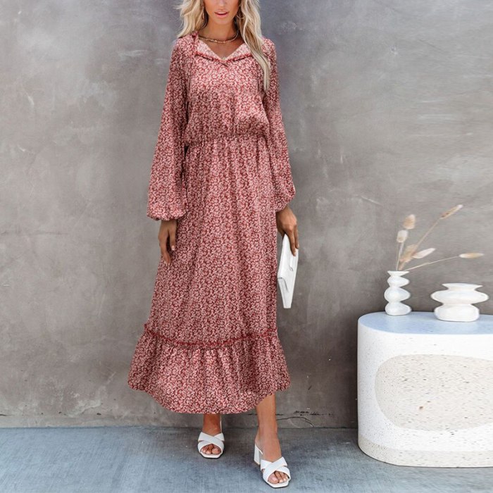 Autumn Fashion Half Sleeve Women Loose Dress Casual Printed Vintage Long Dresses Elegant V Neck Drawstring Party Dress Vestidos